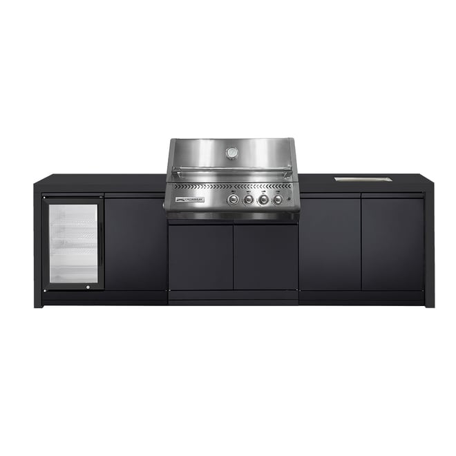 CROSSRAY Premium Xplor 4 Burner Gas Outdoor Kitchen With Single Door Fridge And Sink In Black