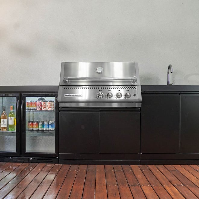 CROSSRAY Premium Xplor 4 Burner Gas Outdoor Kitchen With Double Door Fridge And Sink In Black