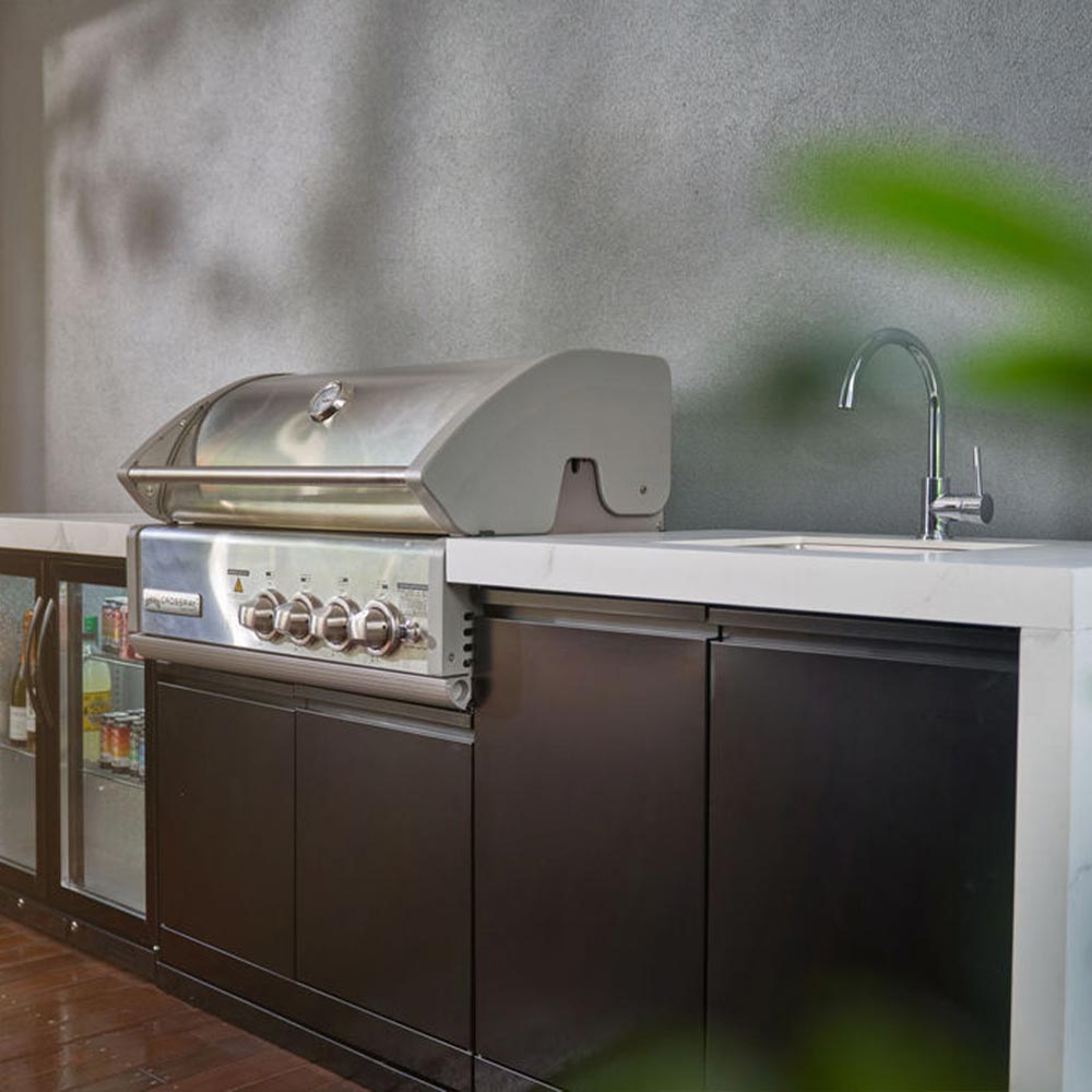 CROSSRAY Premium 4 Burner Gas Outdoor Kitchen With Double Cabinets And Single Door Fridge In White