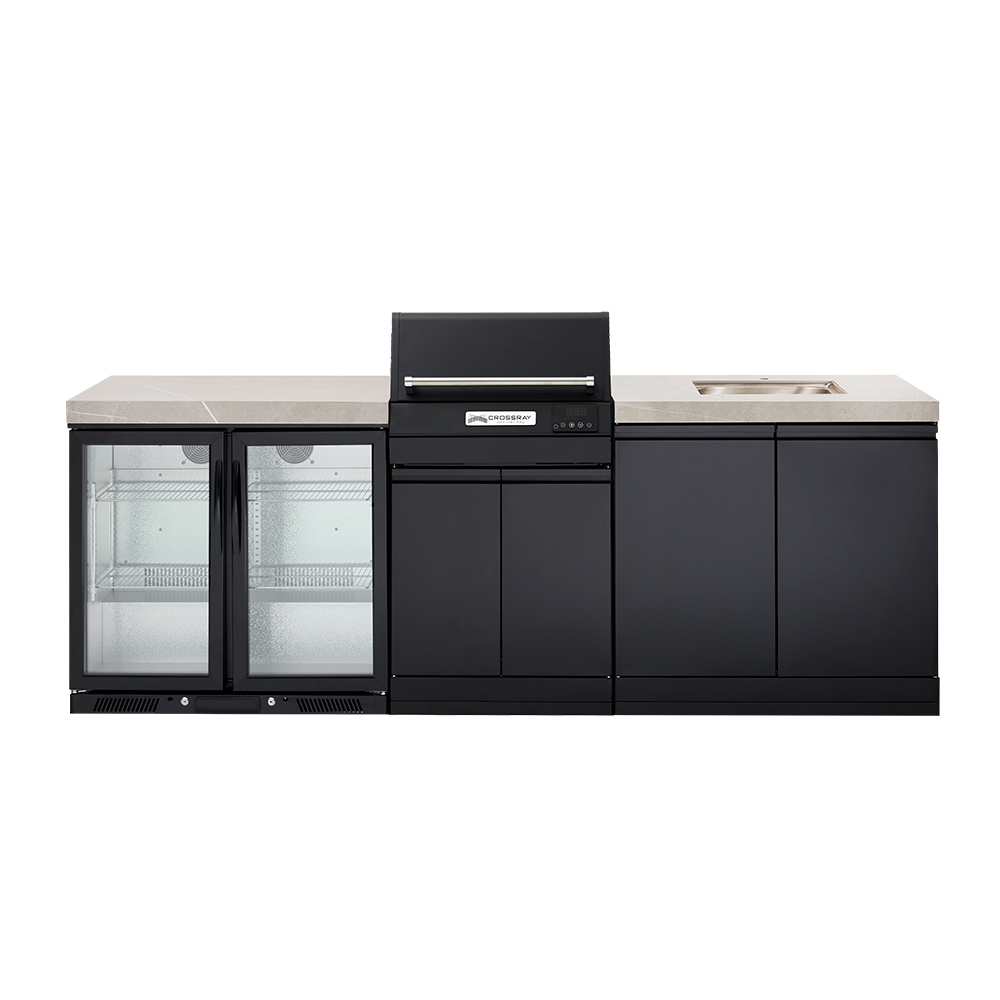 CROSSRAY eXtreme Electric Grey Outdoor Kitchen With Double Cabinets, Sink And Double Door Fridge