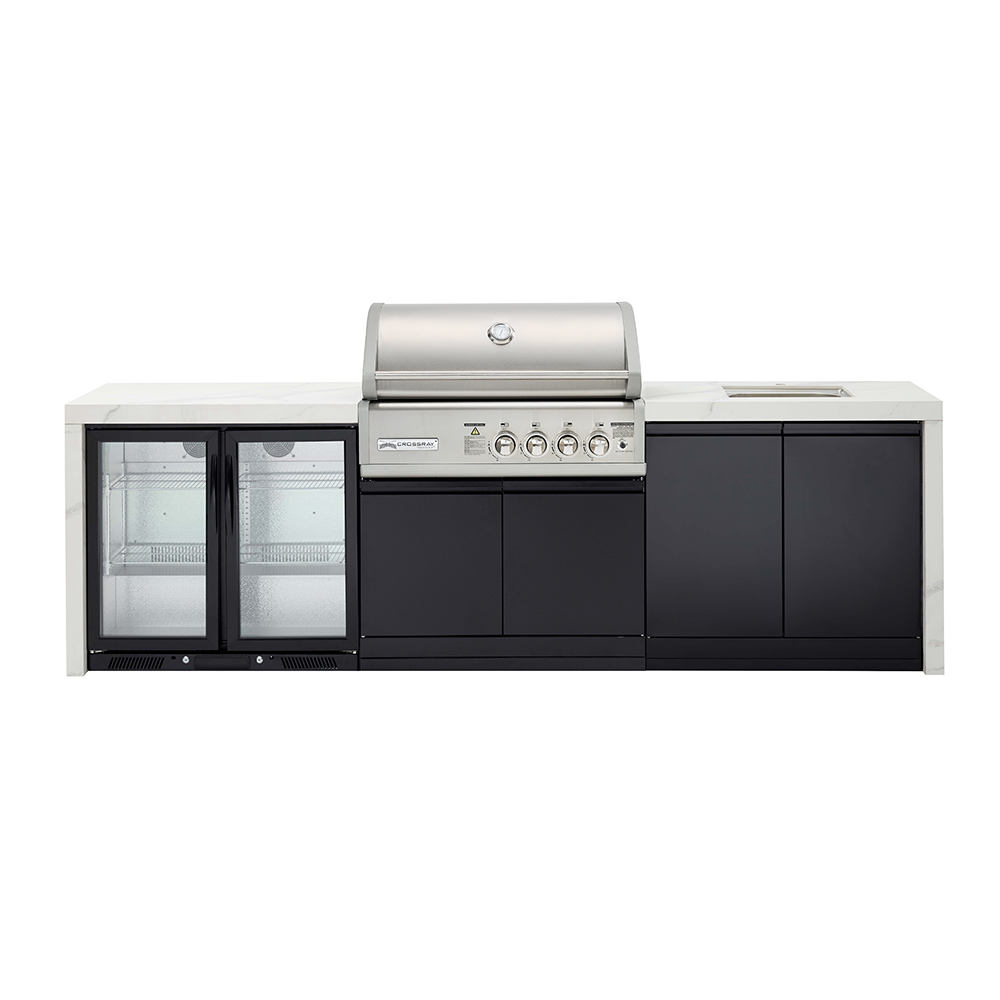 CROSSRAY Premium 4 Burner Gas Outdoor Kitchen With Double Cabinets, Sink And Double Fridge In White