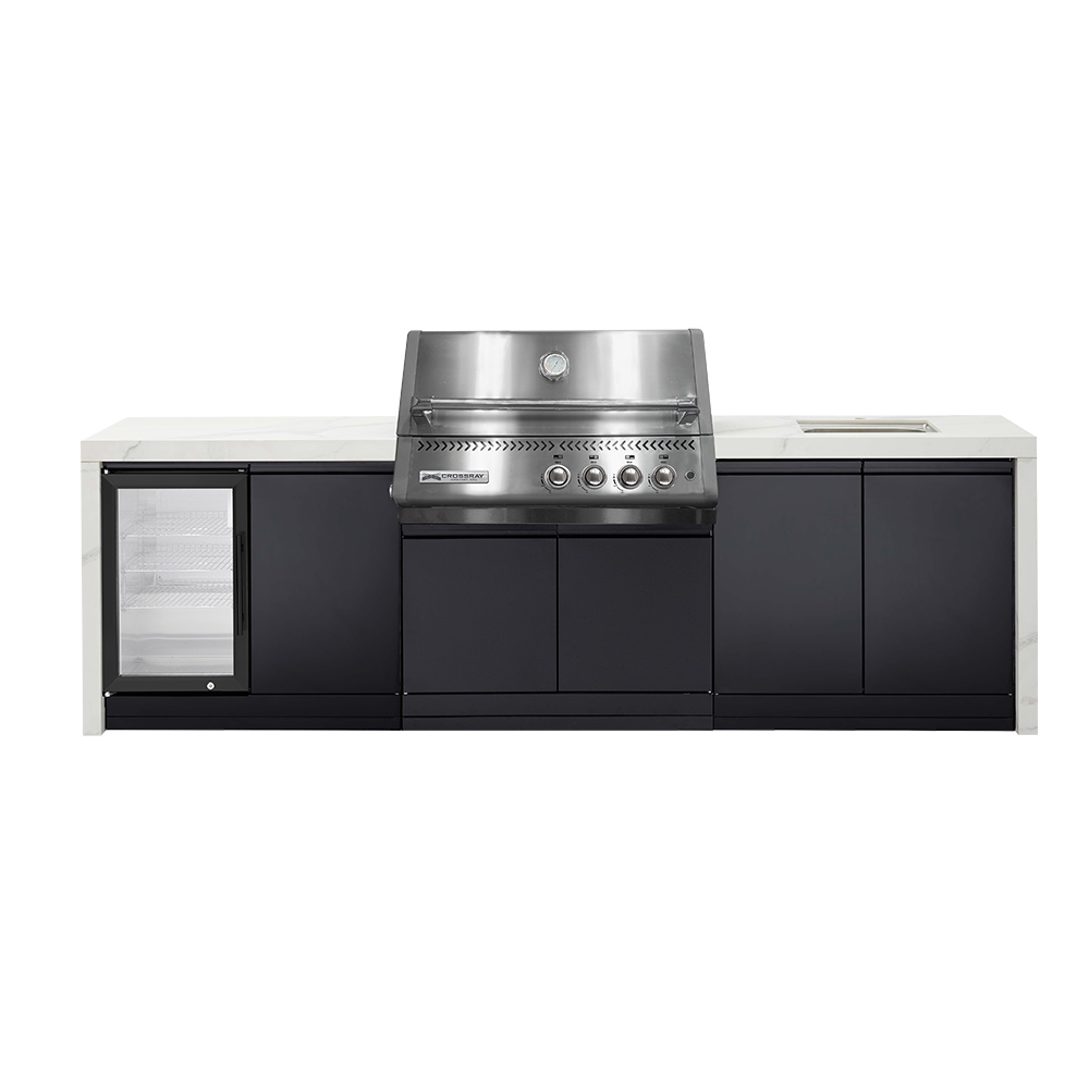 CROSSRAY Premium Xplor 4 Burner Gas Outdoor Kitchen With Single Door Fridge And Sink In White