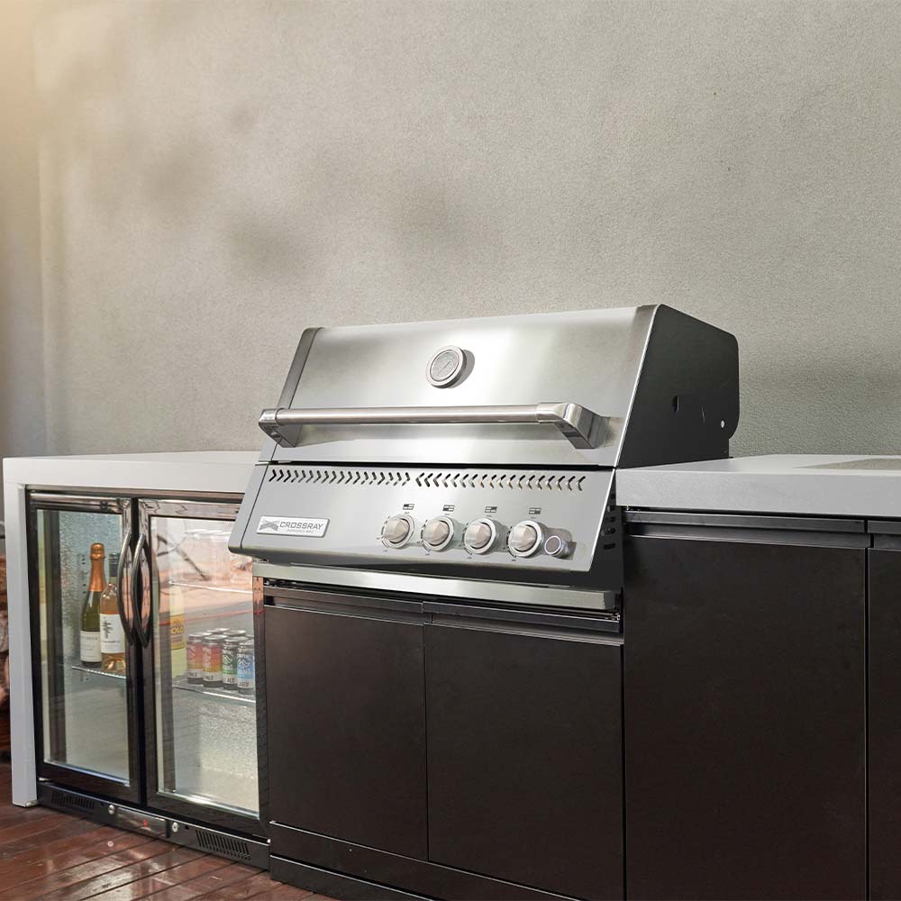 CROSSRAY Premium Xplor 4 Burner Gas Outdoor Kitchen With Single Door Fridge And Sink In White