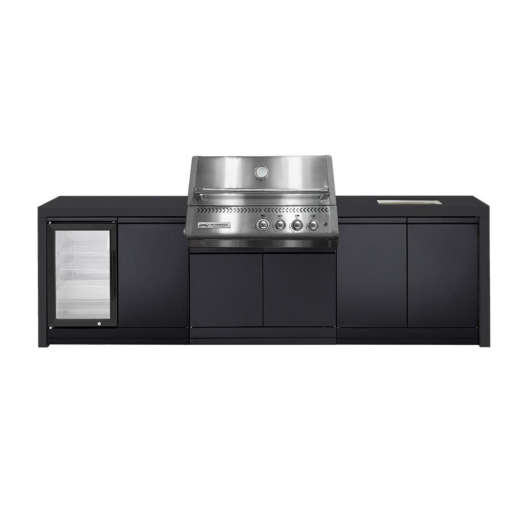 CROSSRAY Premium Xplor 4 Burner Gas Outdoor Kitchen With Single Door Fridge And Sink In Black