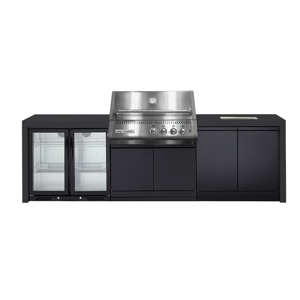 CROSSRAY Premium Xplor 4 Burner Gas Outdoor Kitchen With Double Door Fridge And Sink In Black