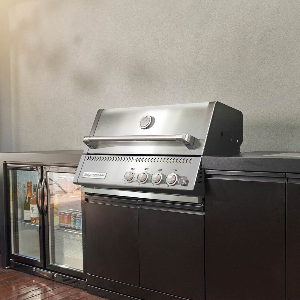 CROSSRAY Premium Xplor 4 Burner Gas Outdoor Kitchen With Double Door Fridge And Sink In Black