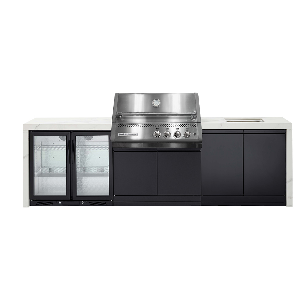 CROSSRAY Premium Xplor 4 Burner Gas Outdoor Kitchen With Double Door Fridge And Sink In White