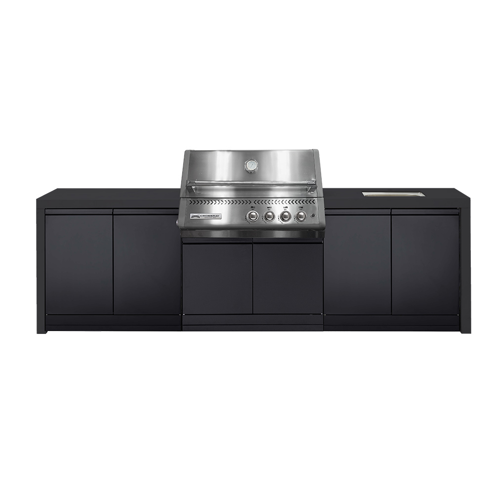 CROSSRAY Premium Xplor 4 Burner Gas Outdoor Kitchen With Double Cabinets And Sink In Black